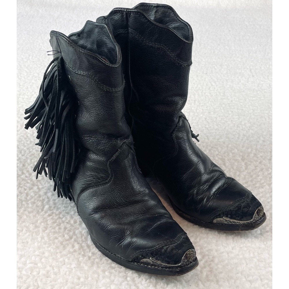 (VTG) ZODIAC • Black Genuine Leather Studded Fringe Western Cowboy Boots, 5.5 - Picture 8 of 16